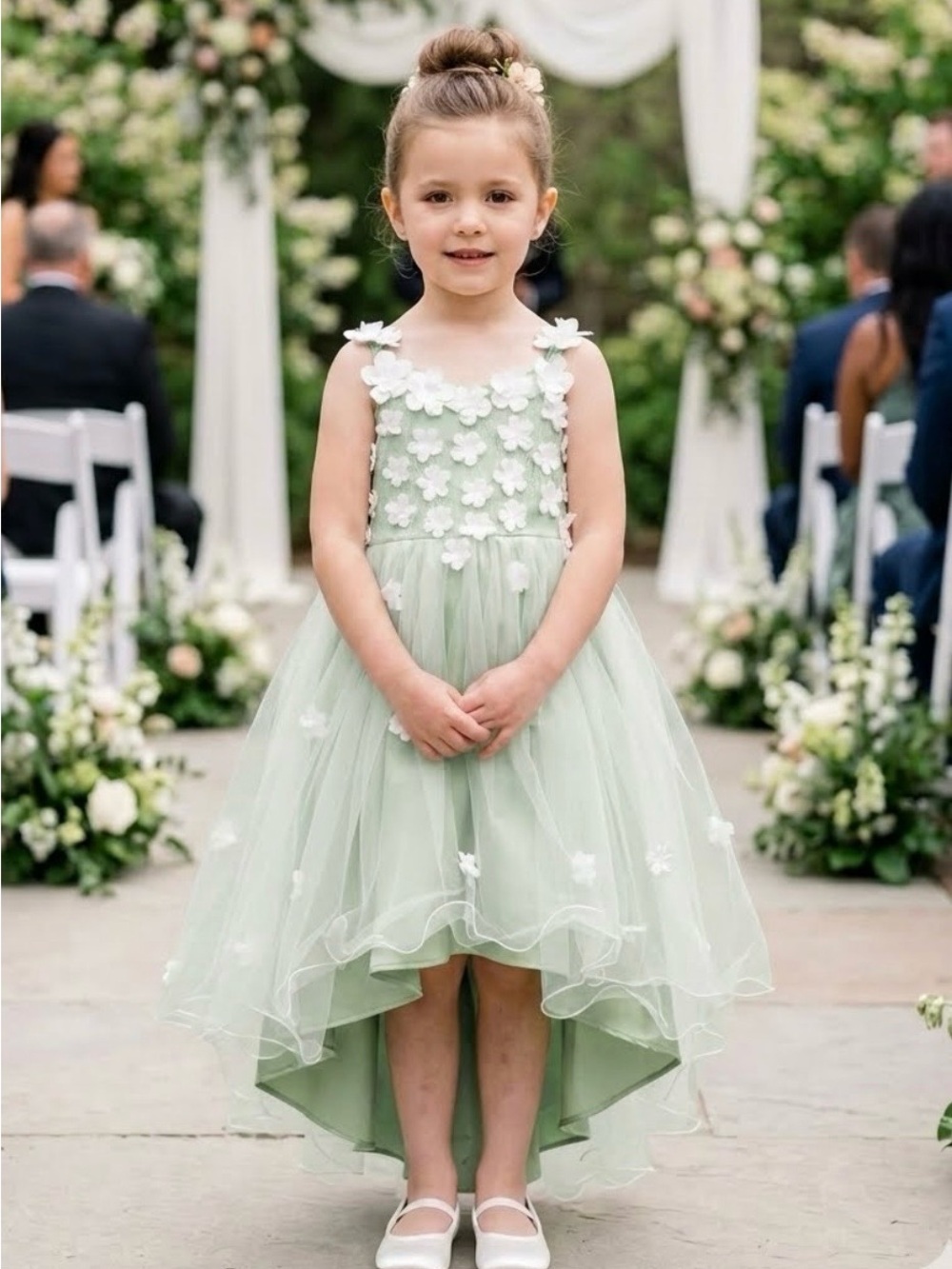 Girls' Mint Green Floral Appliqué Tulle High-Low Dress